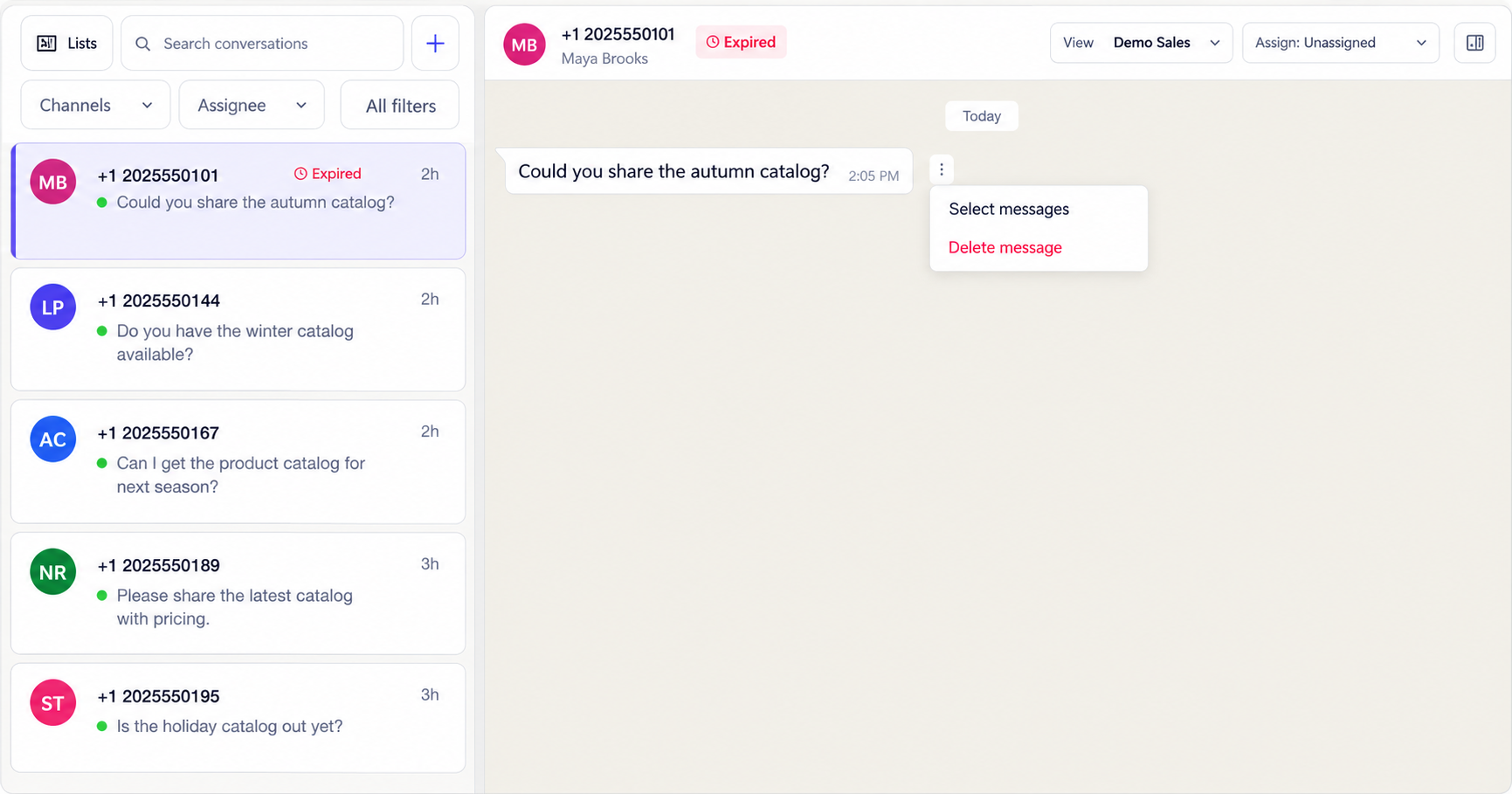 Menú del mensaje con Select messages y Delete message
