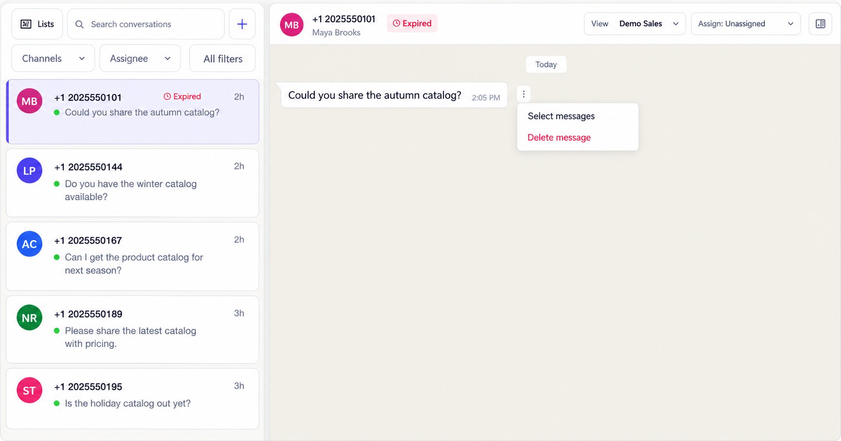 Message menu with Select messages and Delete message