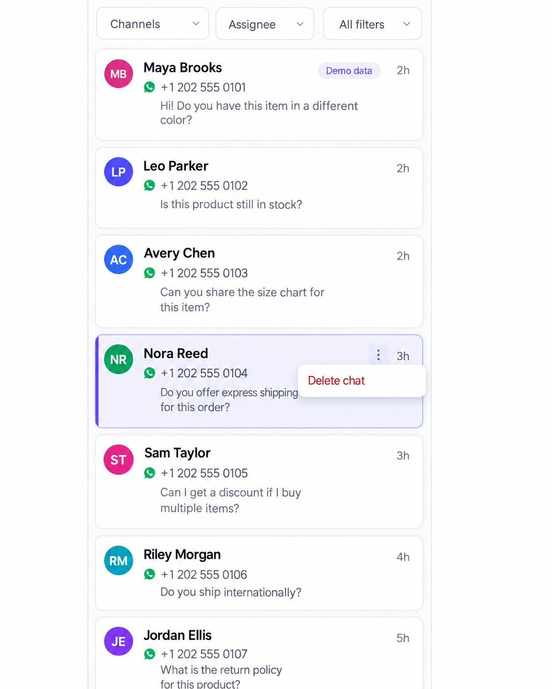 Menú de la conversación con Delete chat