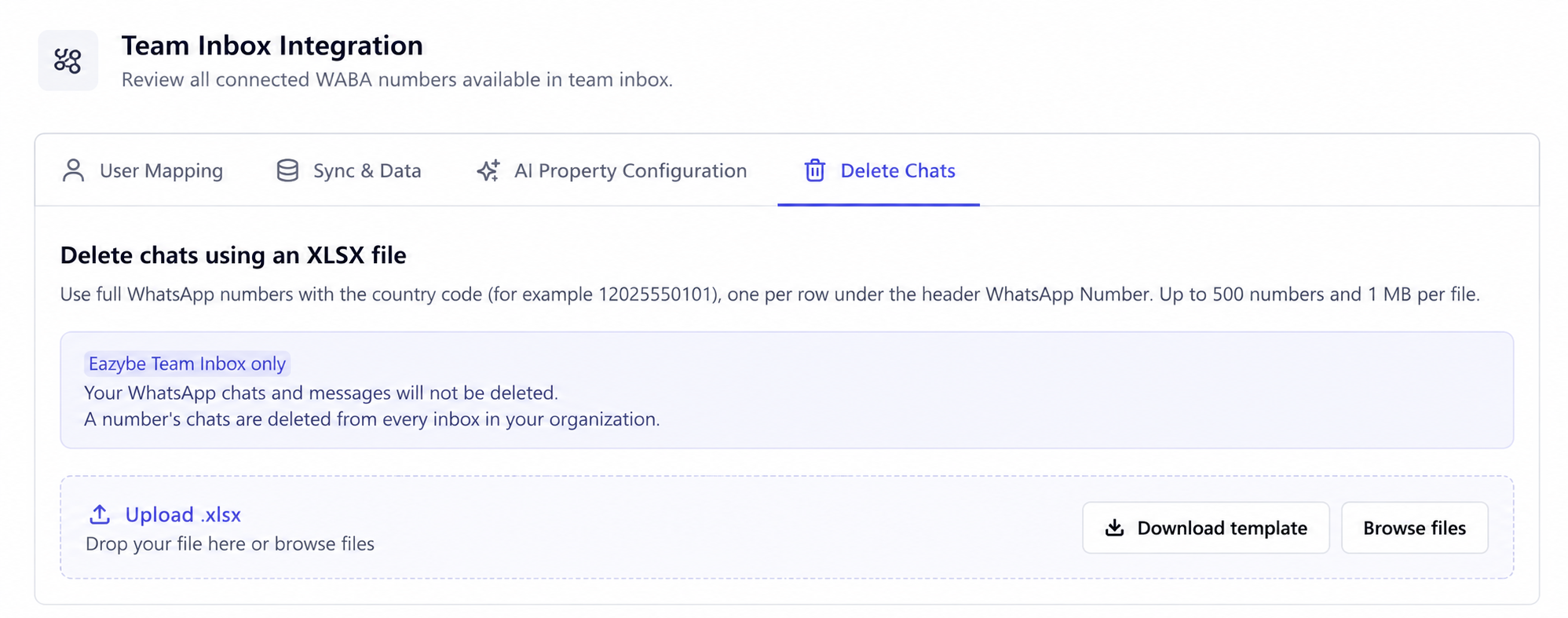 Pestaña Delete Chats con carga XLSX y Download template