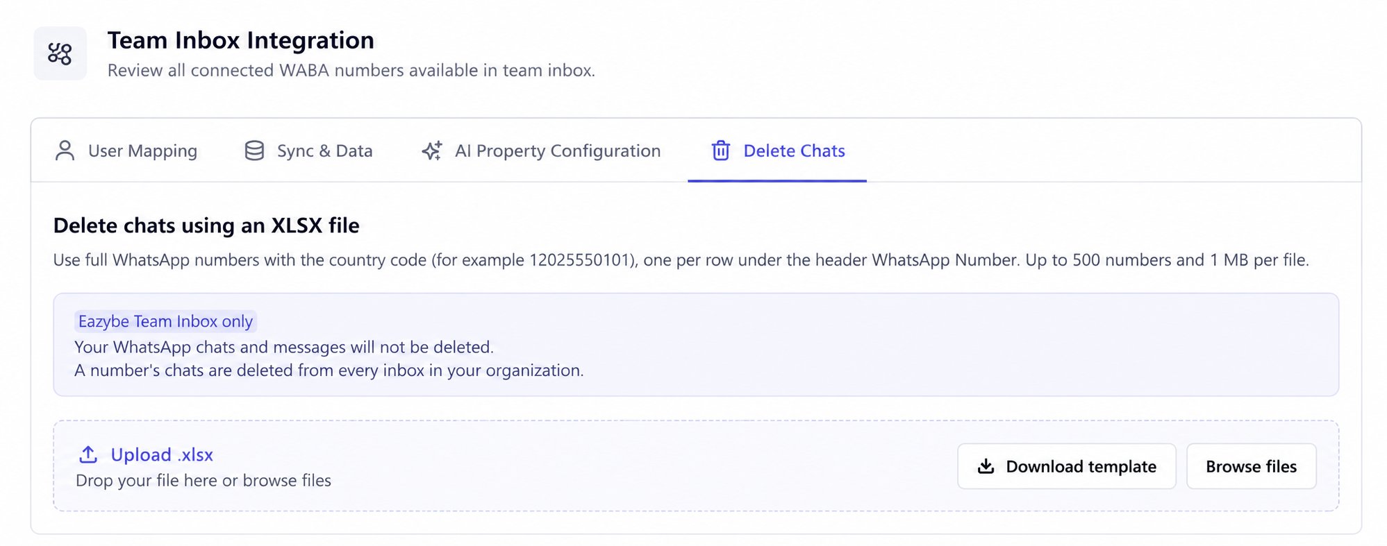 Delete Chats tab with XLSX upload and Download template