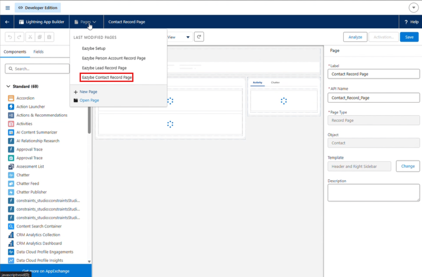 Selector de páginas en Lightning App Builder con Eazybe Contact Record Page resaltada y el botón Activation en la esquina superior derecha