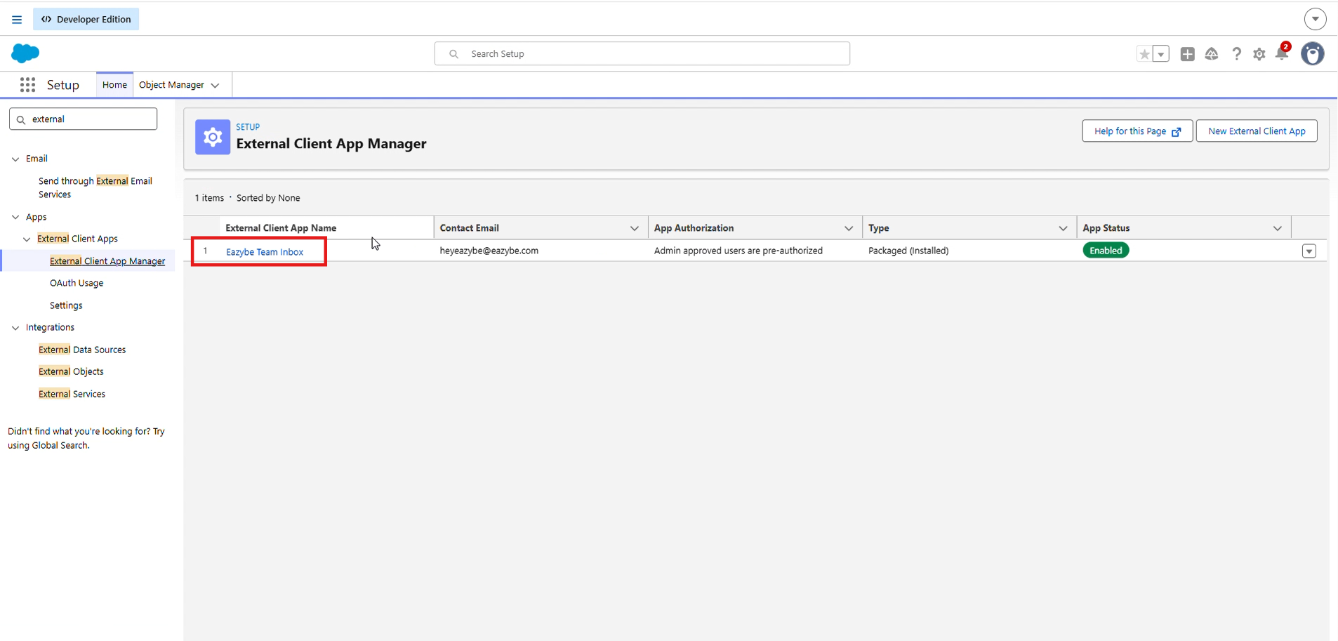 Aplicación Eazybe Team Inbox listada en External Client App Manager