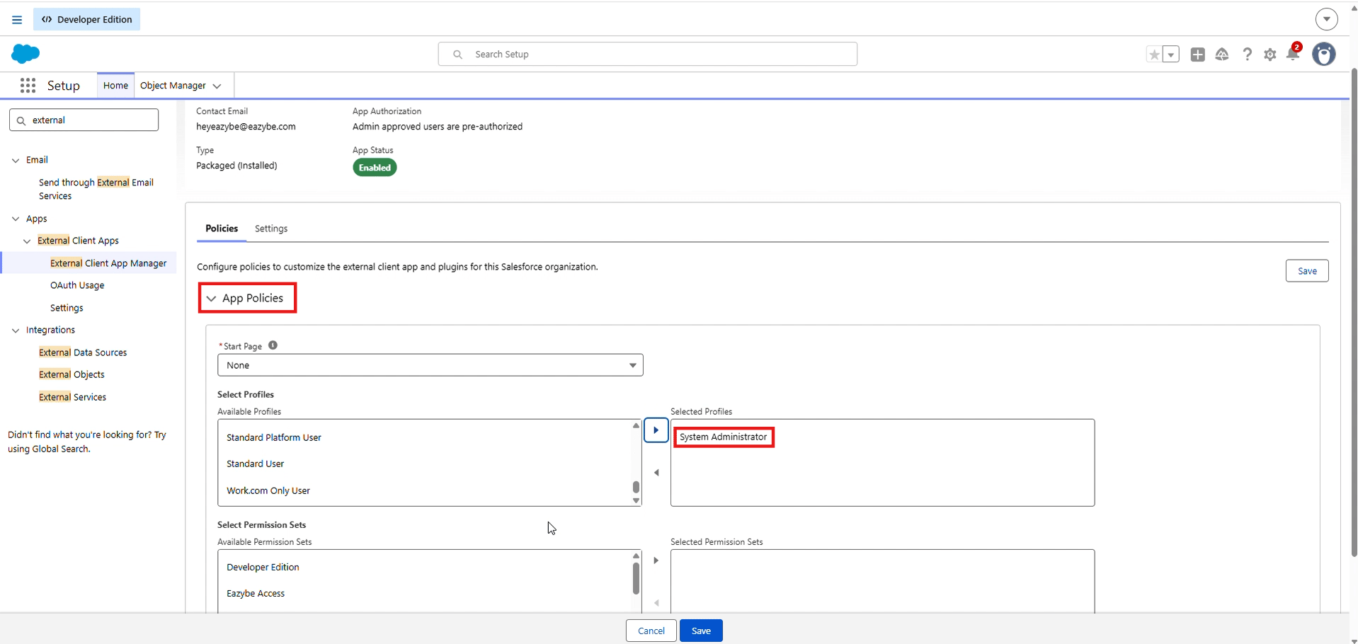 App Policies con System Administrator seleccionado para la aplicación Eazybe Team Inbox