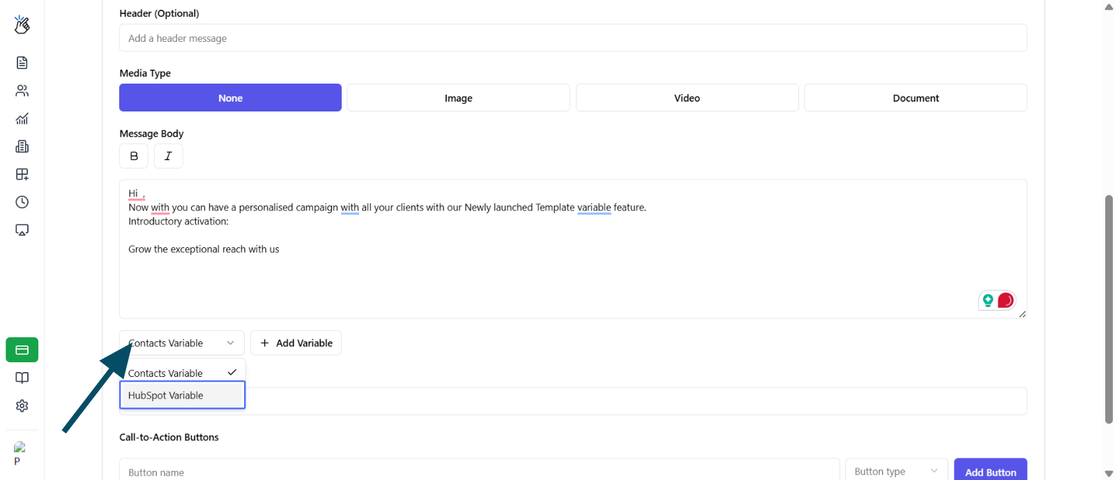Select HubSpot Variable option