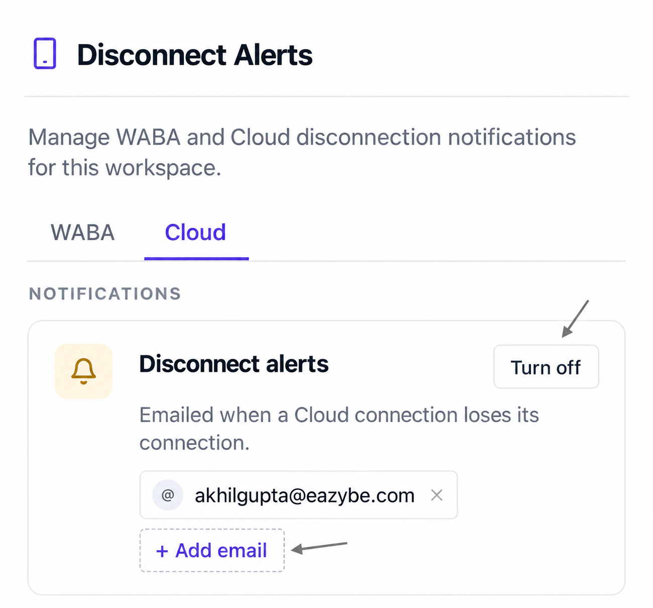Cartão de alertas com Turn off e um destinatário salvo