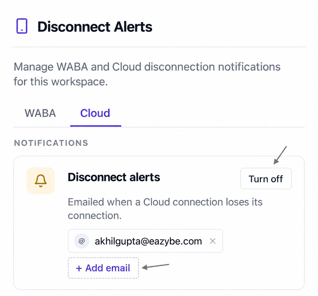 Cartão de alertas com Turn off e um destinatário salvo