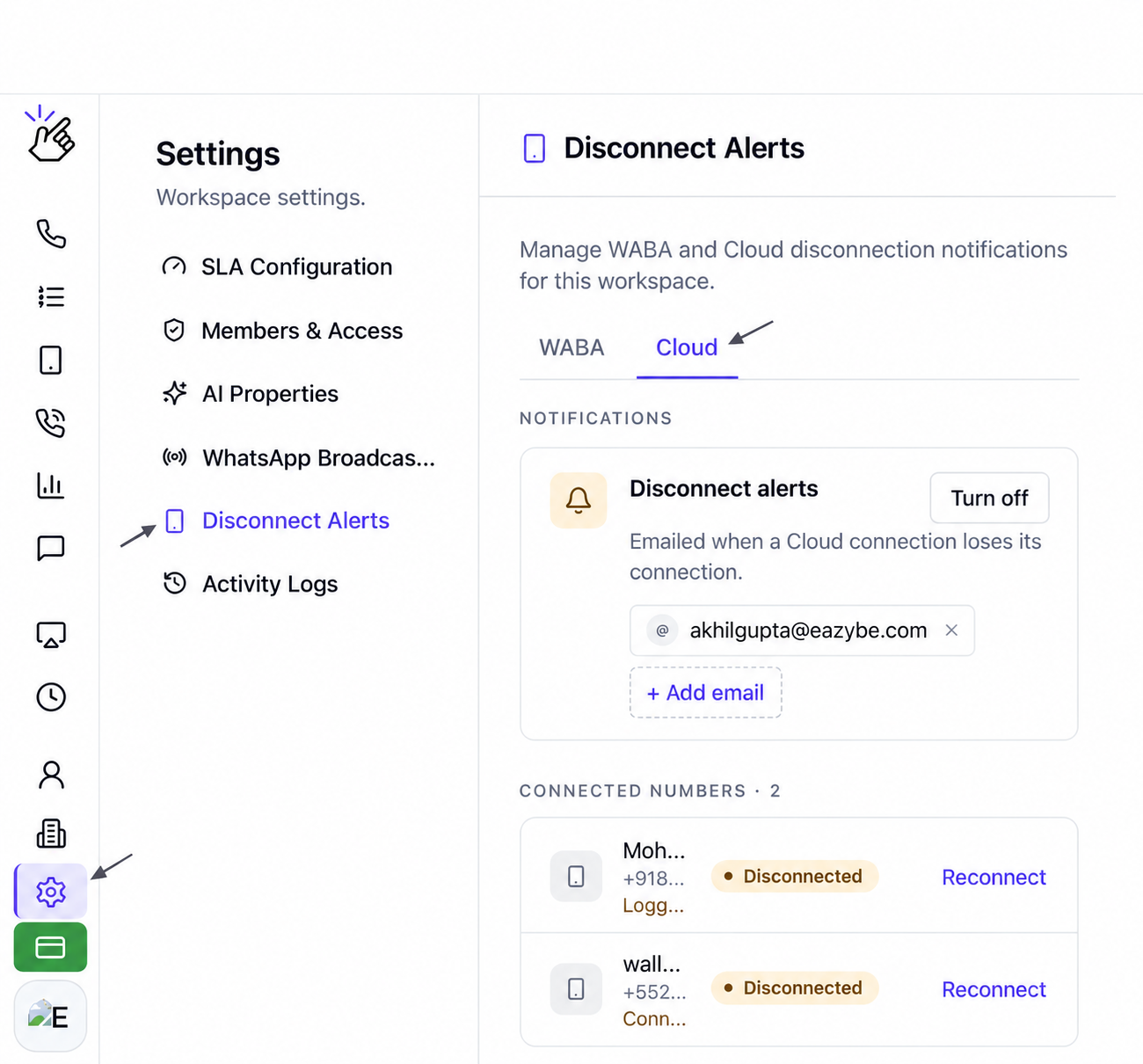 Configurações com Disconnect Alerts e a aba Cloud selecionados