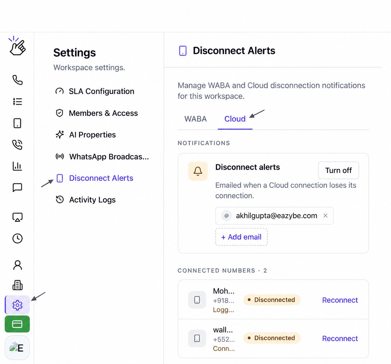 Configurações com Disconnect Alerts e a aba Cloud selecionados