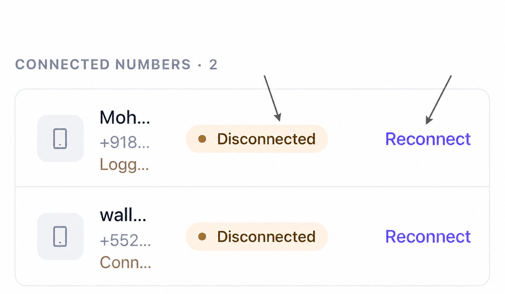 Conexões do Cloud com status Disconnected e links Reconnect