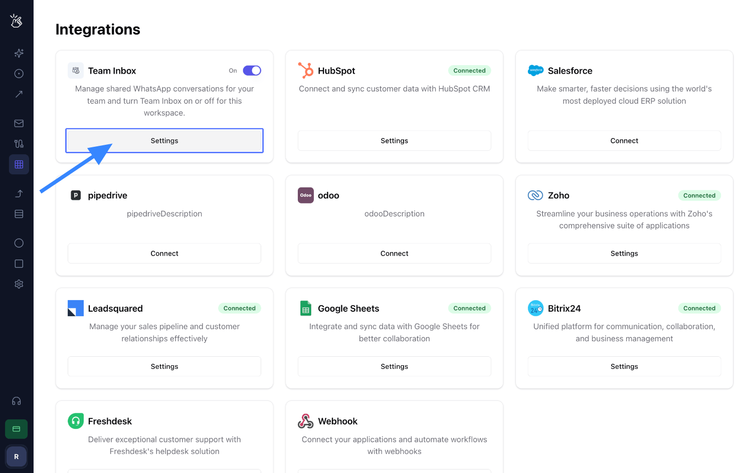 Integration page in Team Inbox settings