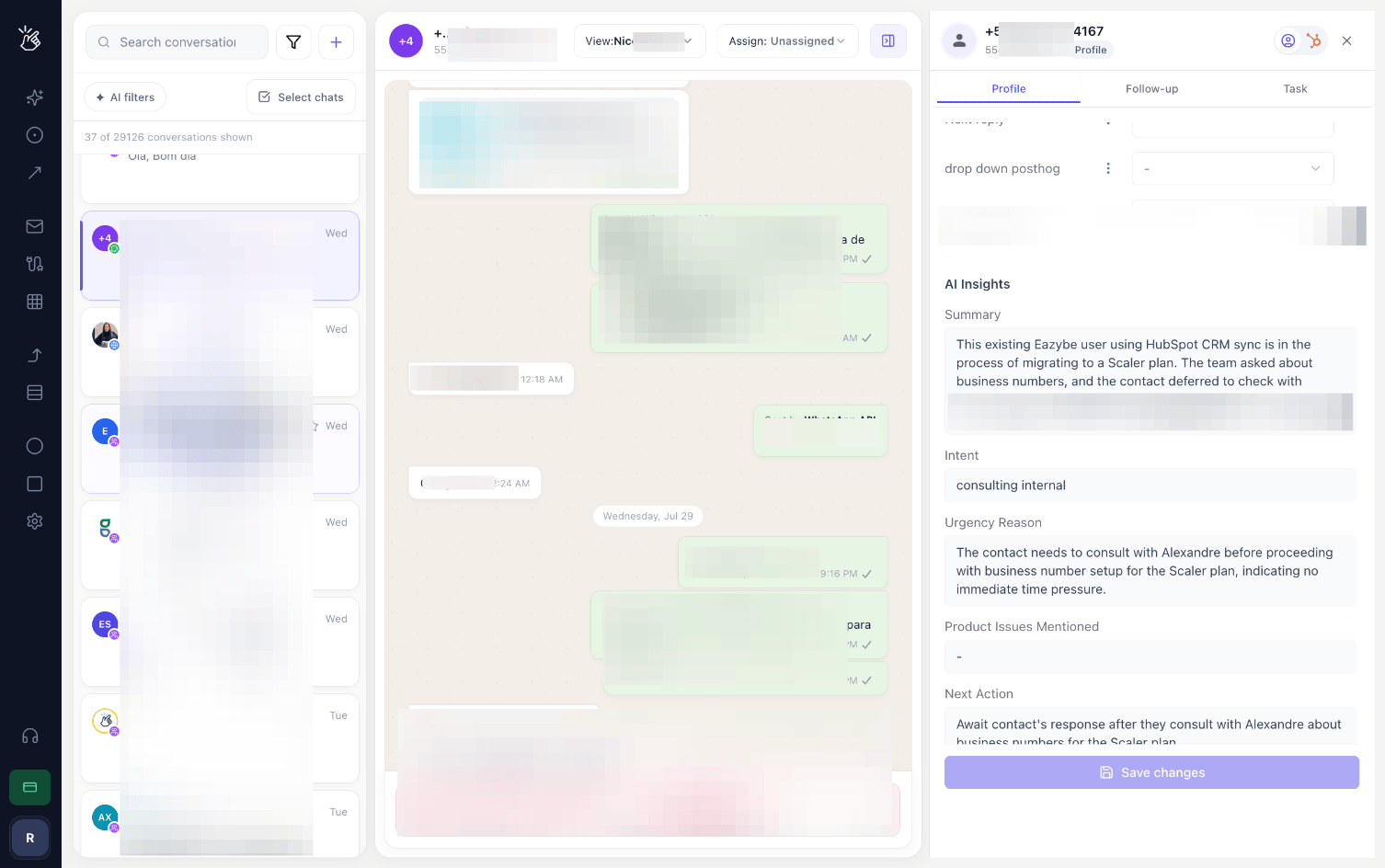 AI Insights showing Summary, Intent, Urgency Reason and Next Action