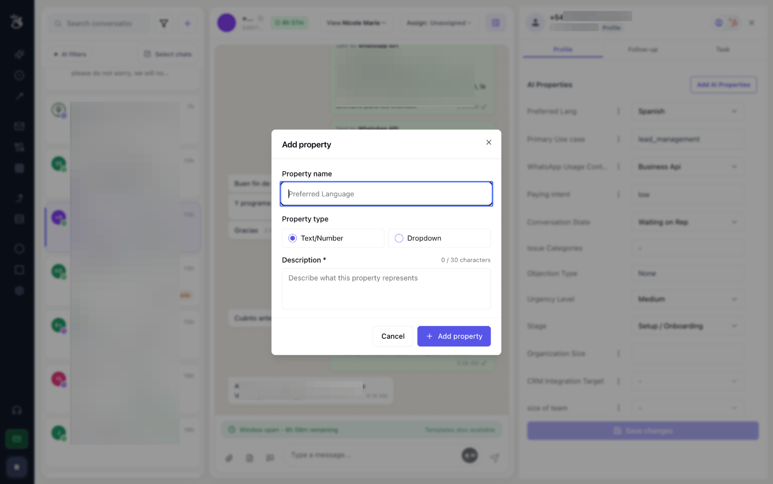 Add property dialog with name, type and description fields