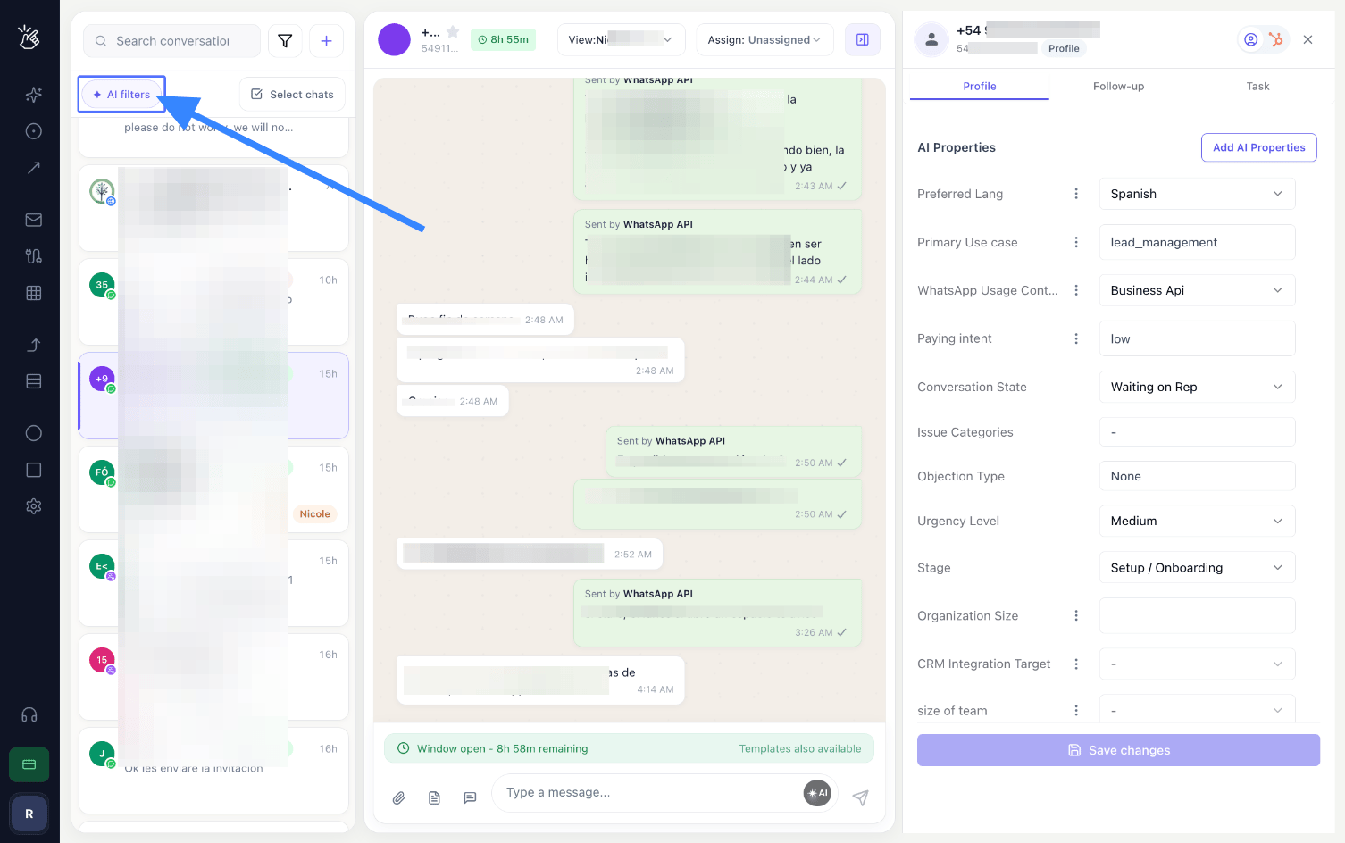 AI filters button above the chat list