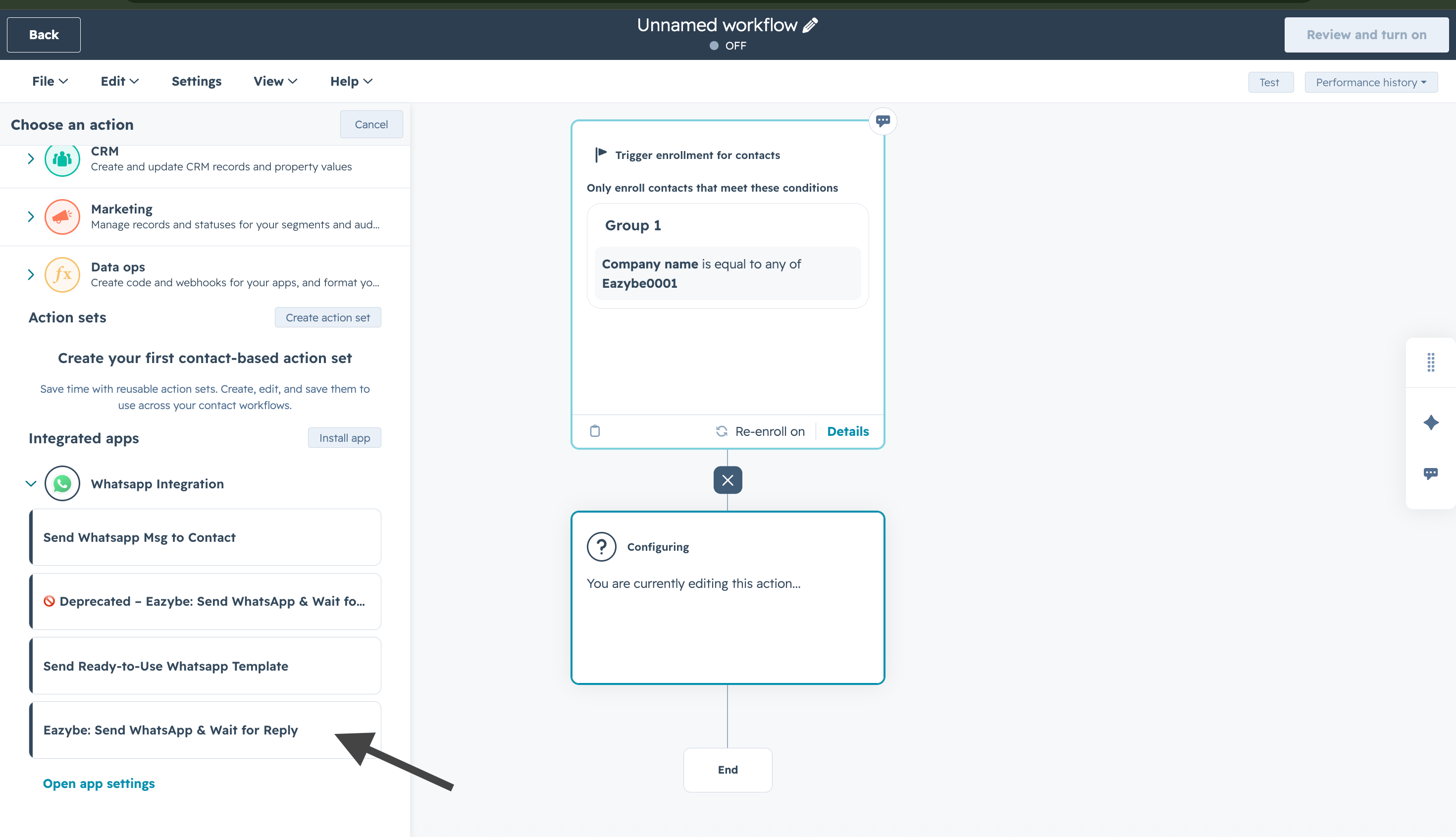 Selecionar Enviar WhatsApp e aguardar resposta