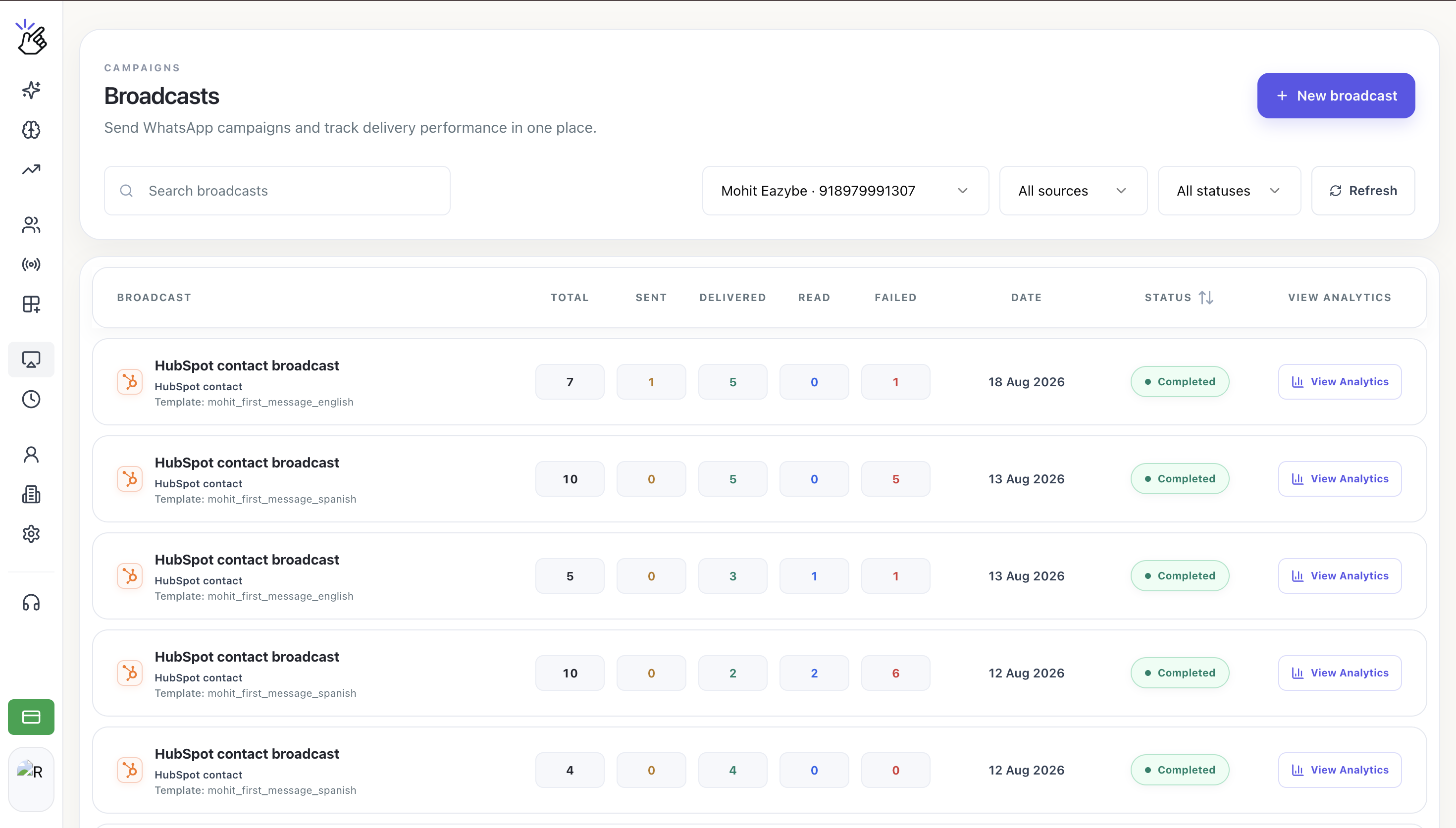 Eazybe Broadcasts page with Search broadcasts, number, source, and status filters, campaign delivery totals, and the New broadcast button