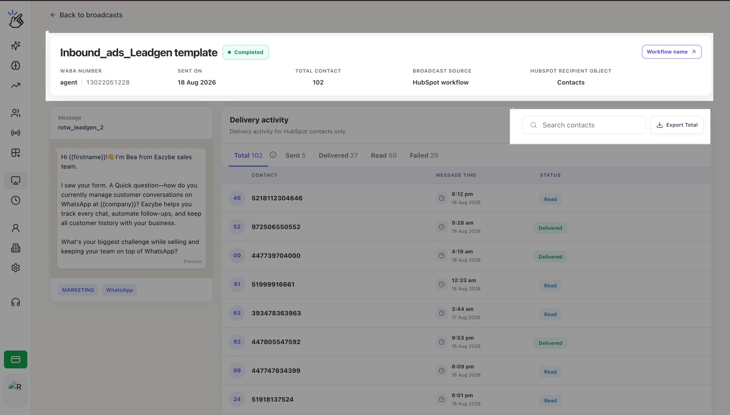 Broadcast analytics page with campaign summary, Search contacts, and Export Total highlighted