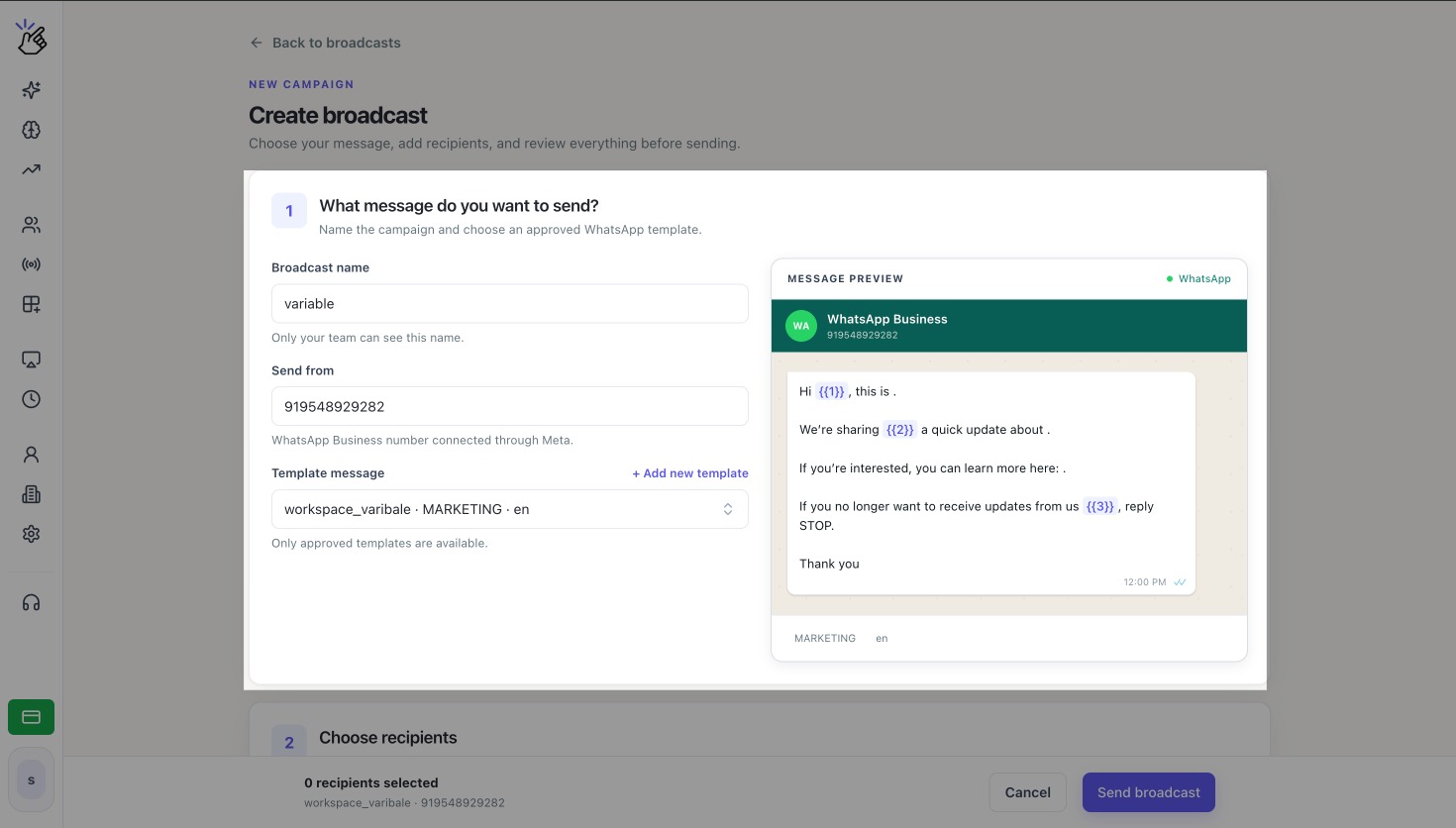 Create broadcast screen with Broadcast name, Send from, Template message, and Message preview