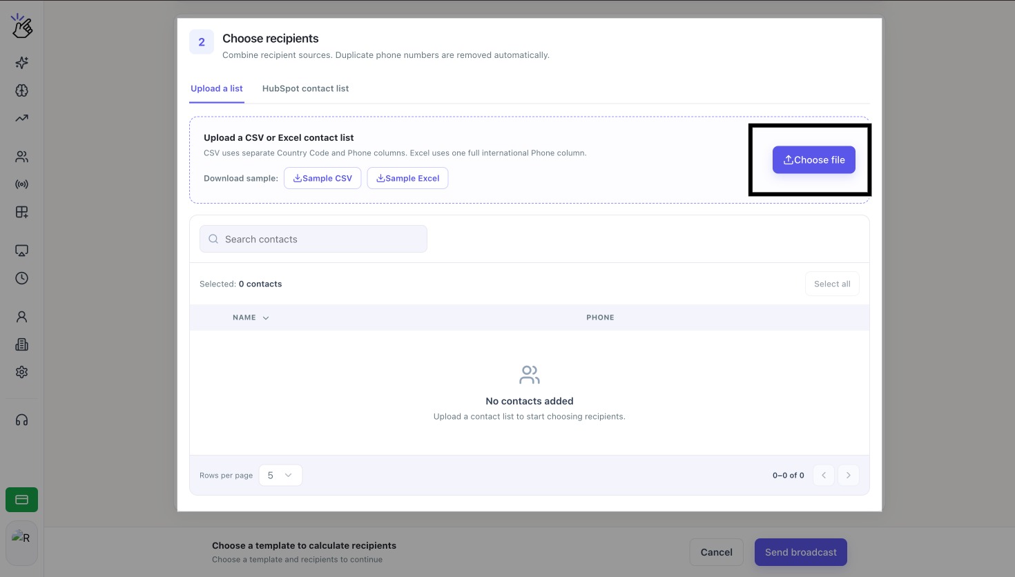 Choose recipients screen with the Upload a list tab and Choose file button