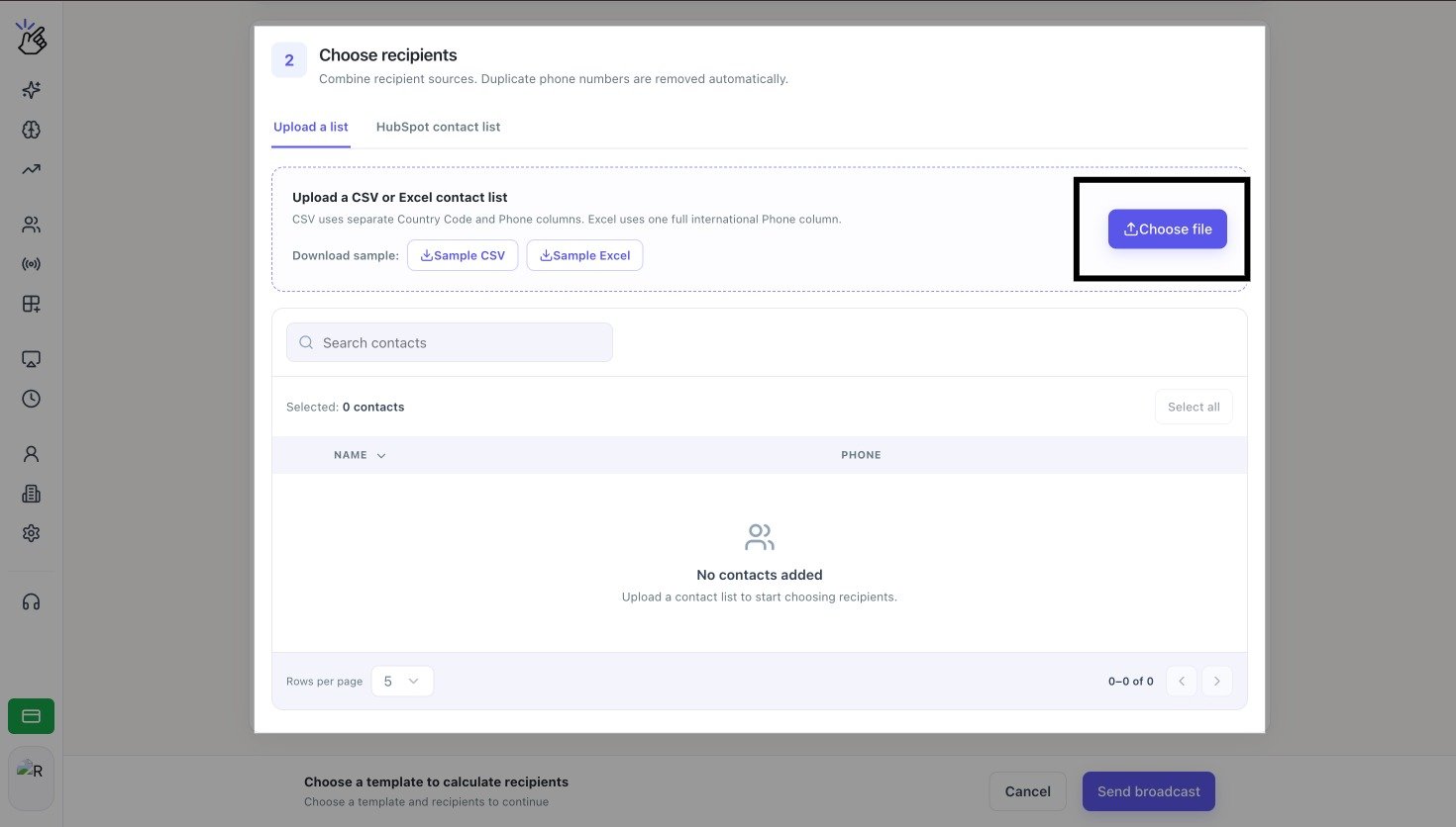 Choose recipients screen with the Upload a list tab and Choose file button