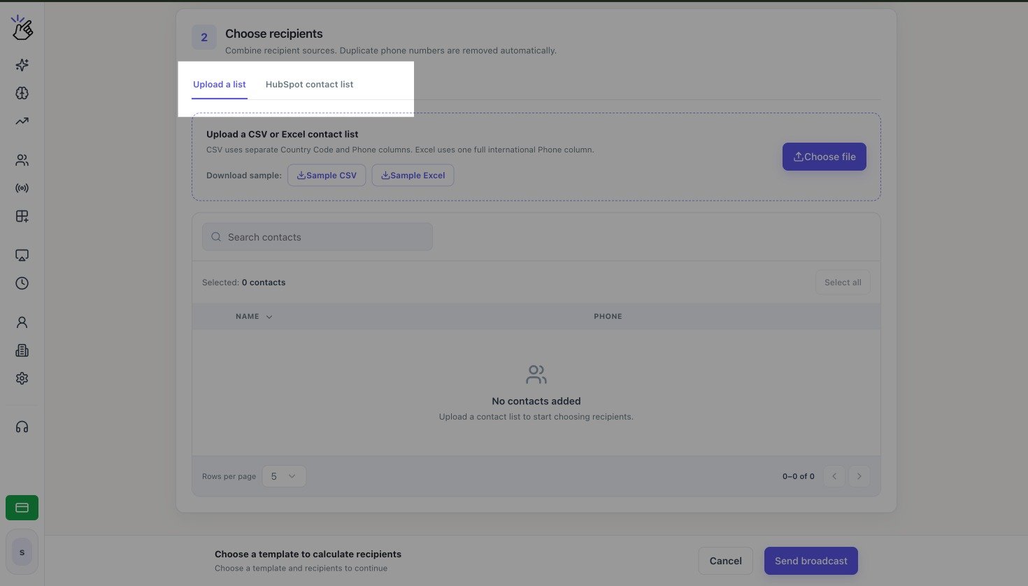 Sección Elegir destinatarios con las pestañas Subir una lista y Lista de contactos de HubSpot