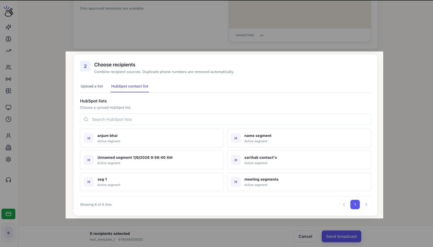 Pestaña Lista de contactos de HubSpot con búsqueda, tarjetas de listas y paginación