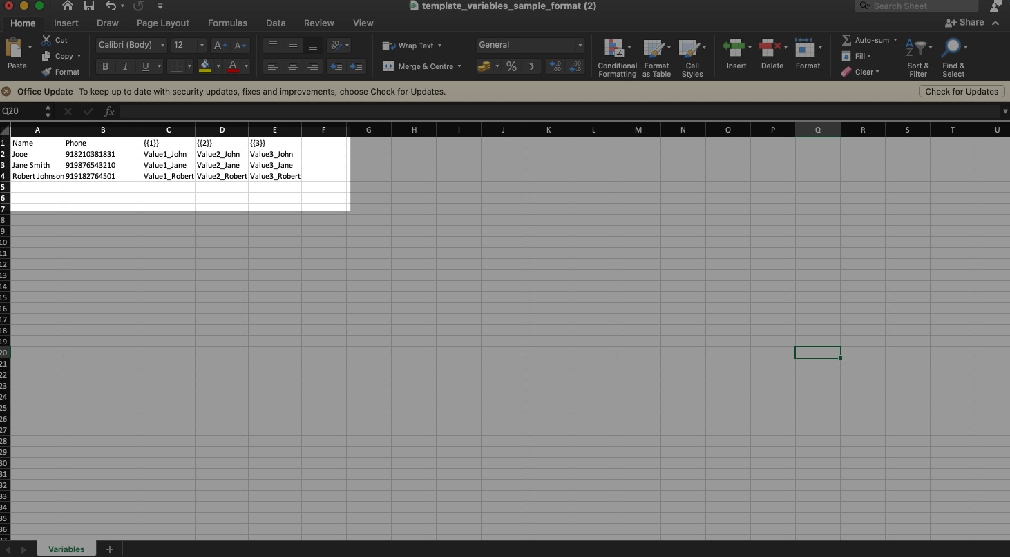 Spreadsheet with Name, Phone, and numbered variable columns for each contact