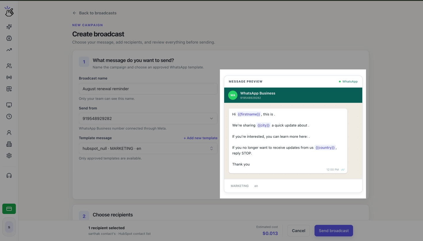 firstname, city ve country özellik değişkenlerini gösteren WhatsApp mesaj önizlemeli Yayın oluştur sayfası