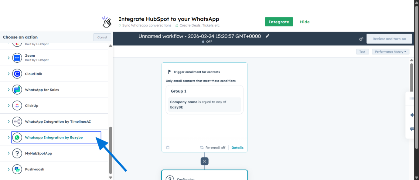 Adicionar ação de integração WhatsApp