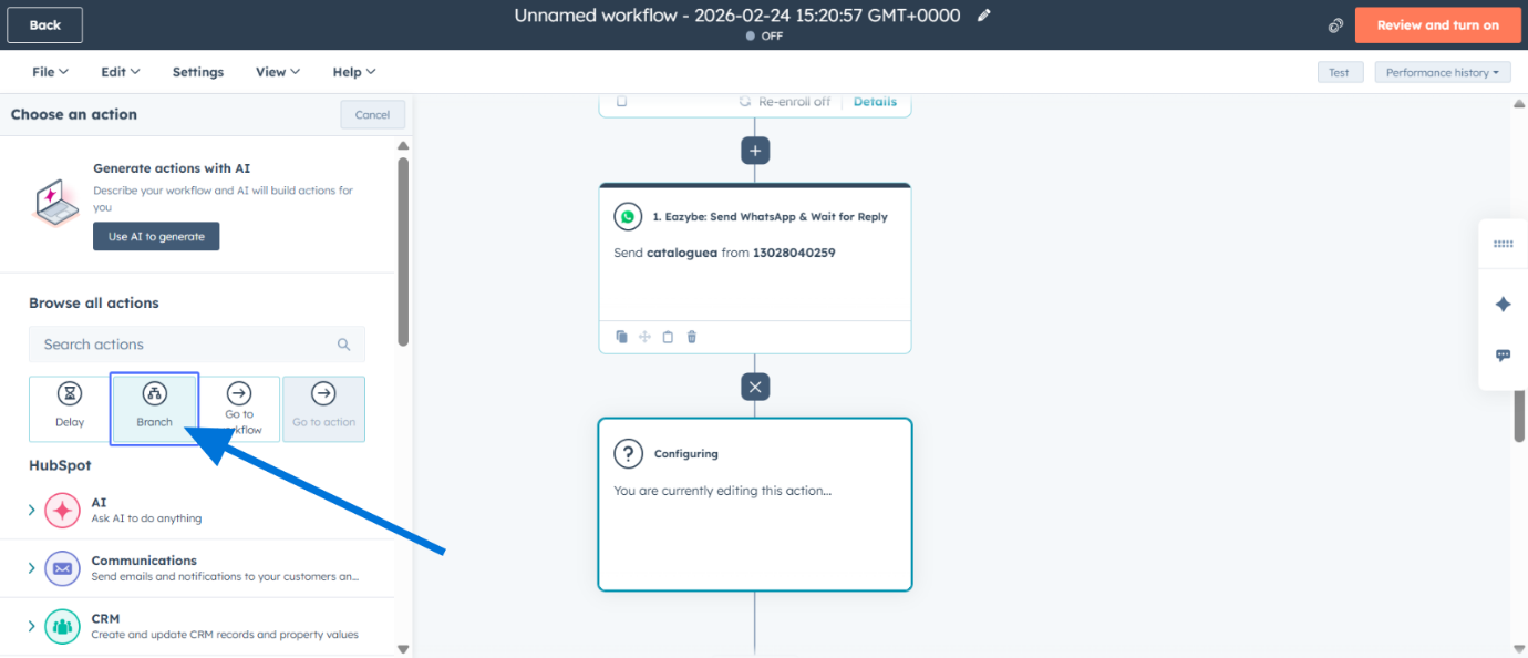 Selecionar ação de ramificação