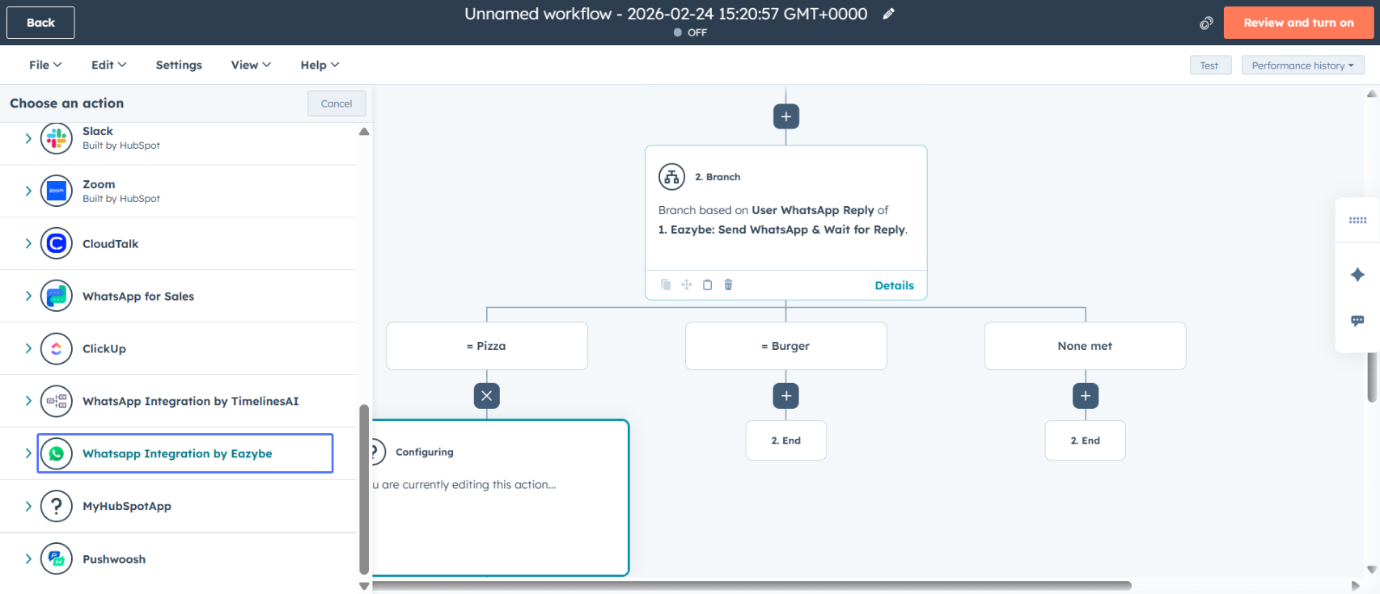 Adicionar ação WhatsApp na ramificação