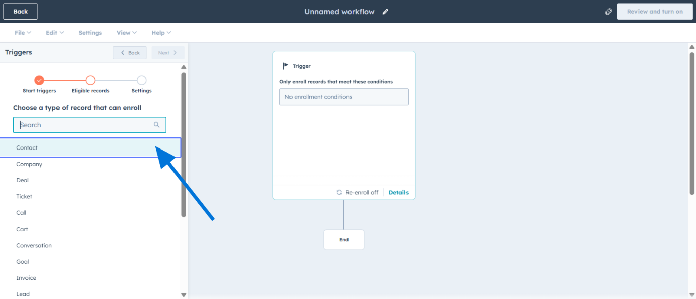 Selecionar tipo de fluxo Contato