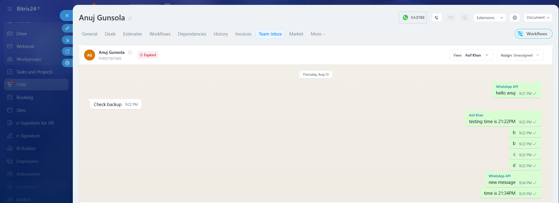 Team Inbox tab on contact page