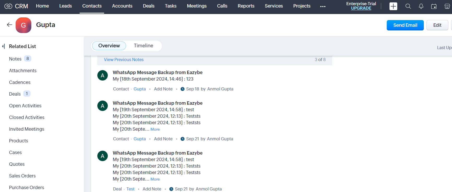 Zoho Contact Notes Section