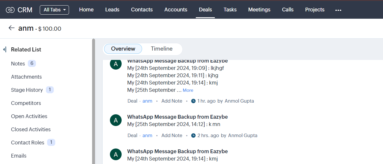 Zoho Deal Notes Section