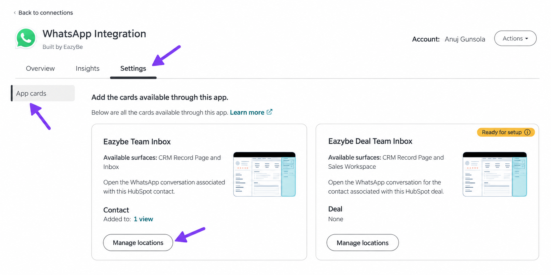 Settings tab and Manage locations controls for the Eazybe Team Inbox cards