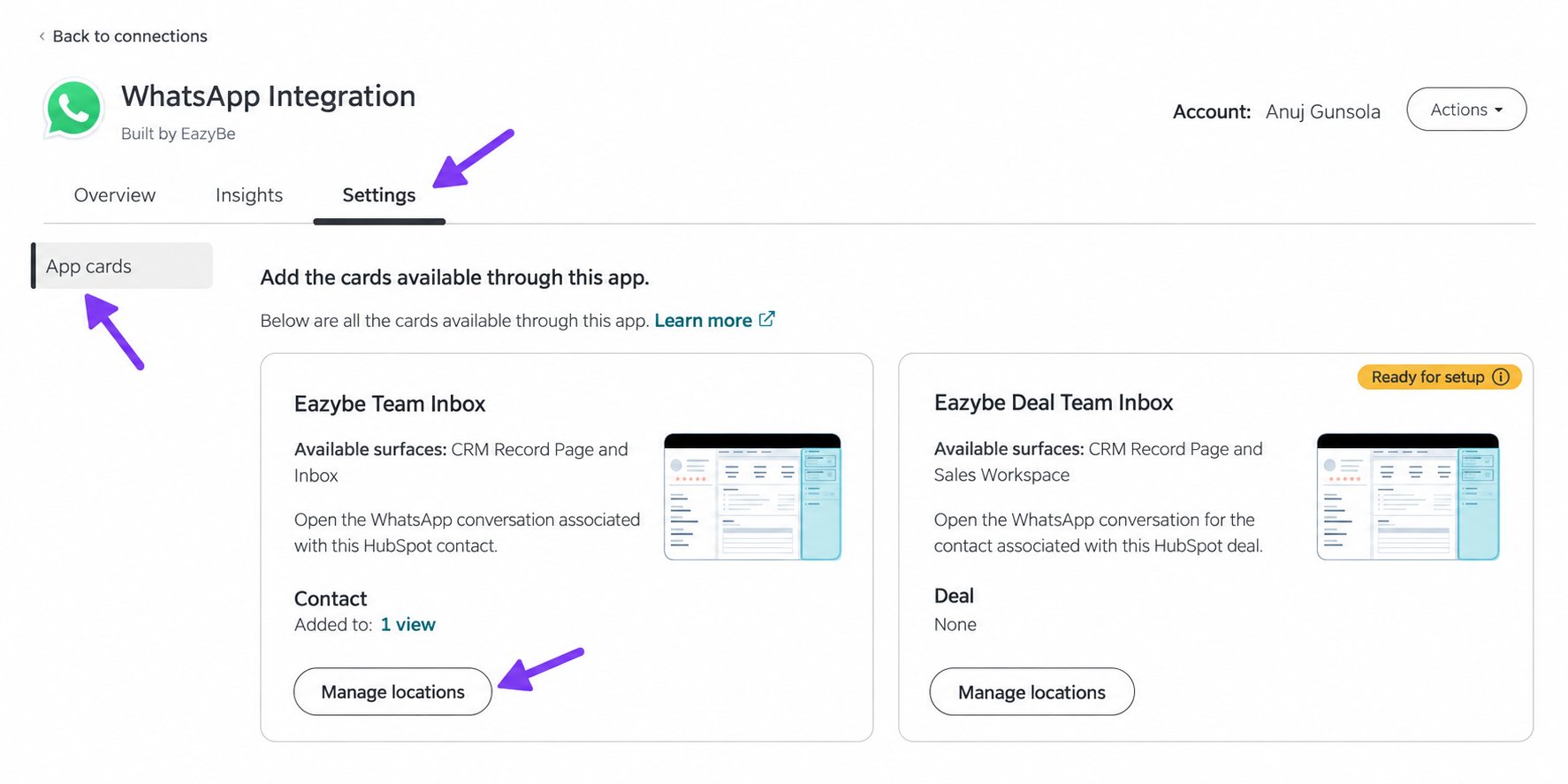 Settings tab and Manage locations controls for the Eazybe Team Inbox cards