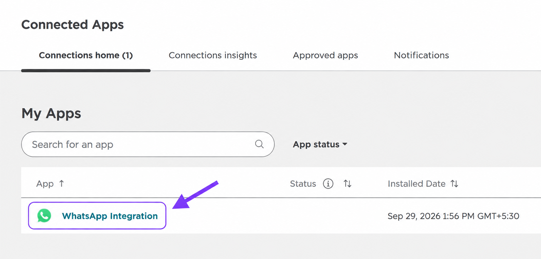WhatsApp Integration in the Connected Apps list