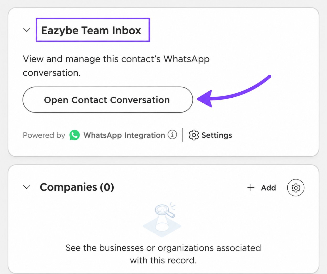 Eazybe Team Inbox card header highlighted at the top of the contact record's right sidebar