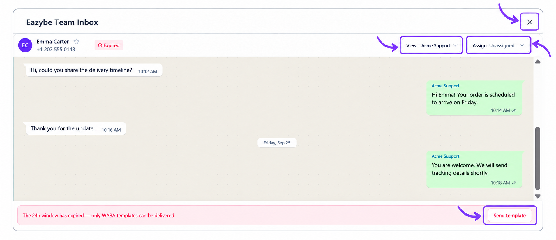 Fictional customer conversation with View and Assign controls, close button, and expired messaging-window notice