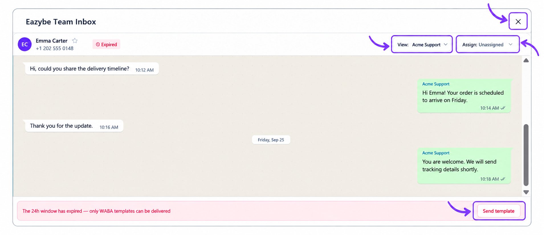 Fictional customer conversation with View and Assign controls, close button, and expired messaging-window notice