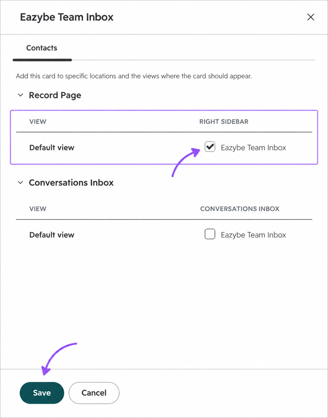 Contact Record Page Default view with the Eazybe Team Inbox checkbox and Save highlighted