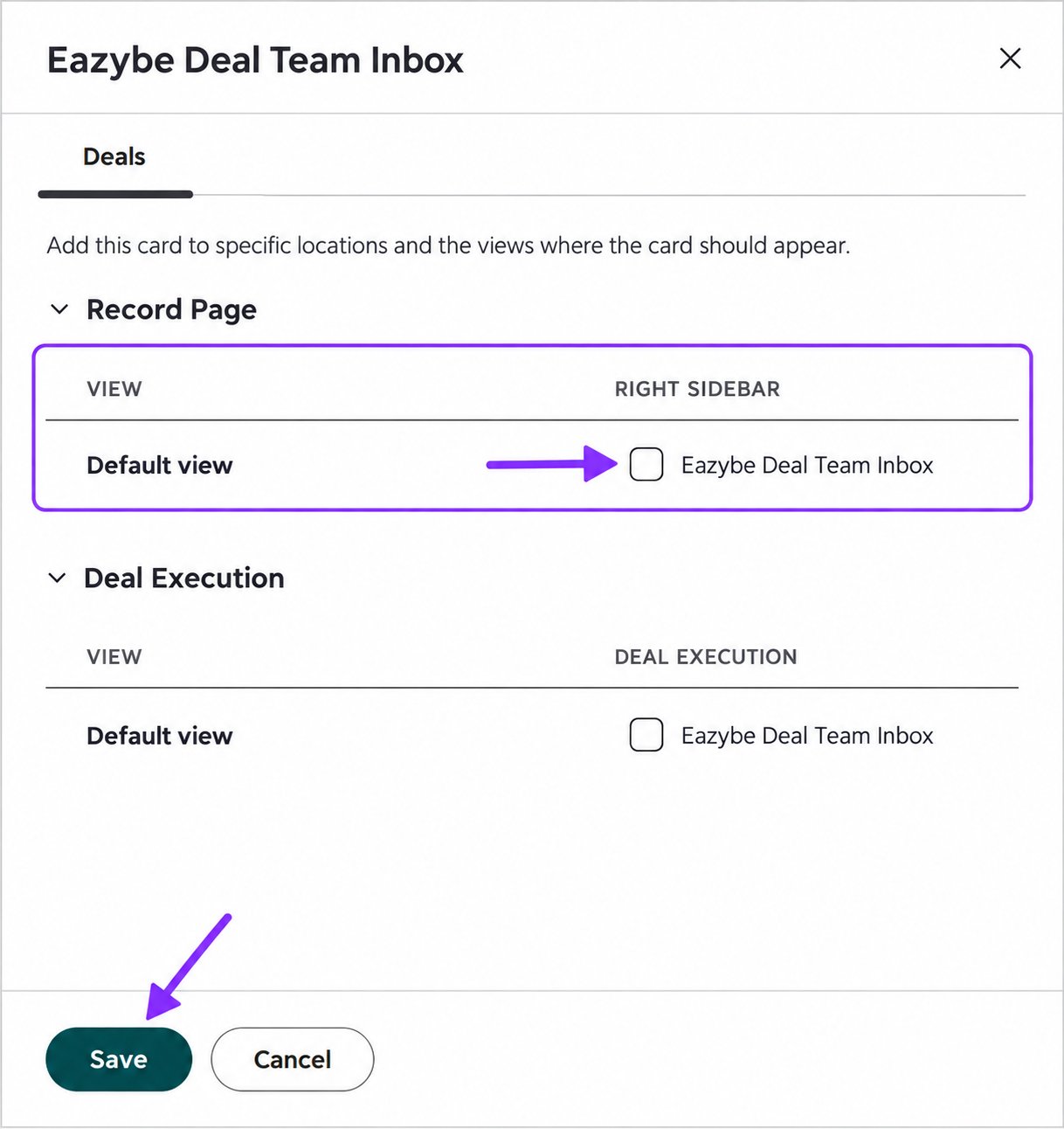 Deal Record Page Default view with the Eazybe Deal Team Inbox checkbox and Save highlighted
