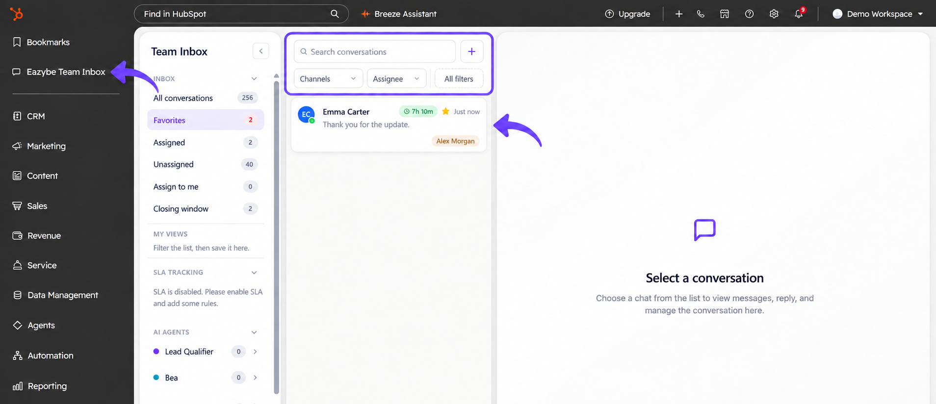 Eazybe Team Inbox entry highlighted in HubSpot's left navigation with fictional conversation details