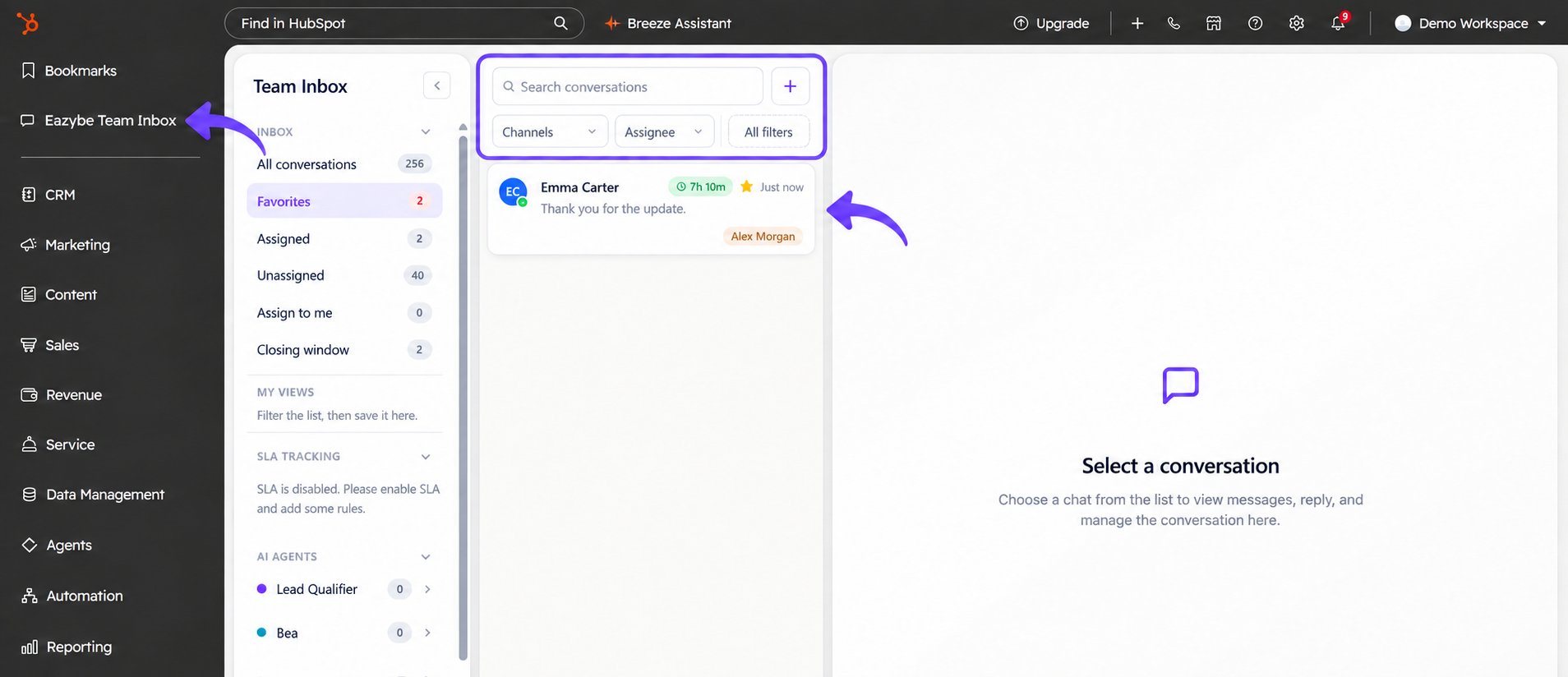 Eazybe Team Inbox entry highlighted in HubSpot's left navigation with fictional conversation details