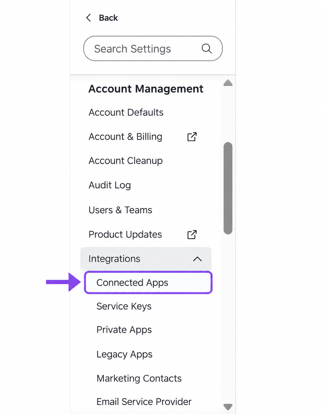 HubSpot Settings with Integrations expanded and Connected Apps highlighted