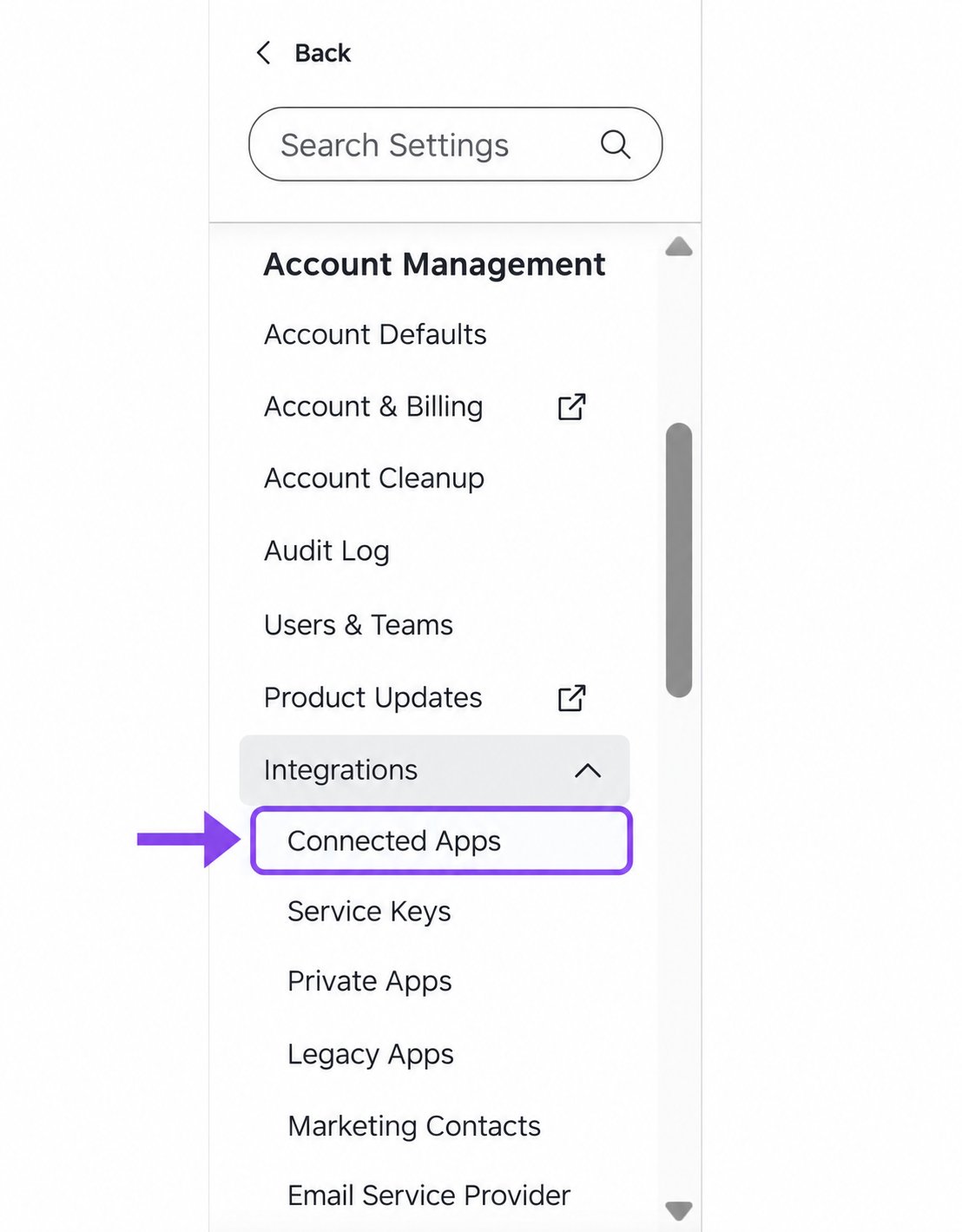 HubSpot Settings with Integrations expanded and Connected Apps highlighted