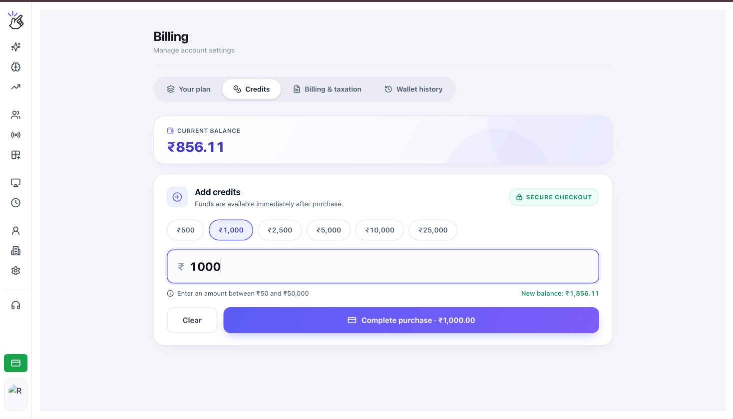 Eazybe Credits tab for an INR wallet showing quick amounts, a custom INR amount, new balance, and Complete purchase