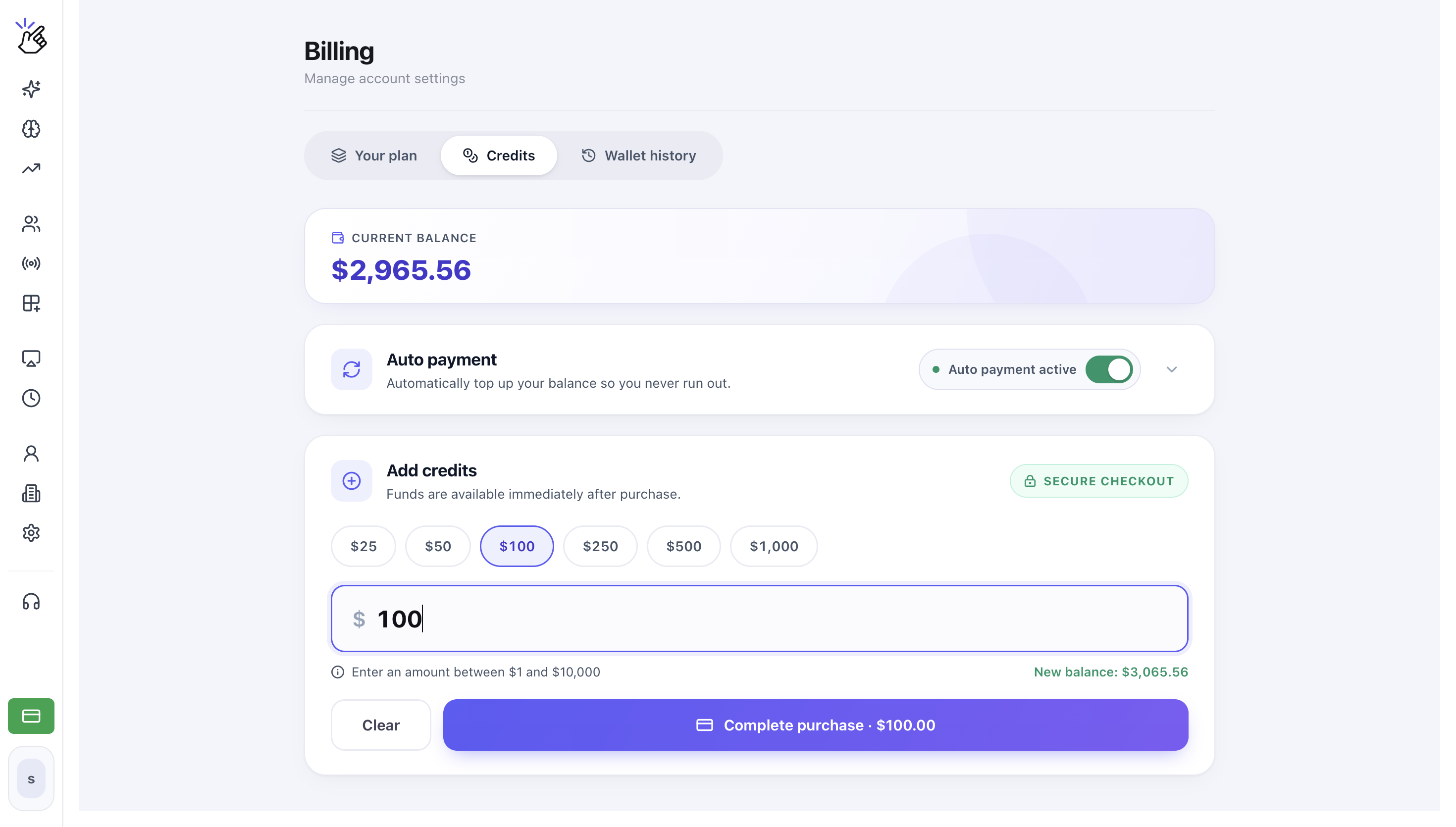 Eazybe Credits tab for a USD wallet showing quick amounts, a custom USD amount, new balance, and Complete purchase