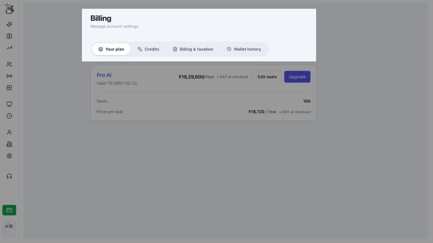 Eazybe Billing page for an INR workspace showing Your plan, Credits, Billing and taxation, and Wallet history tabs